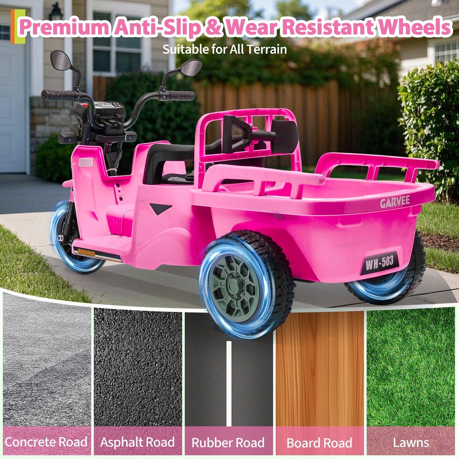 Garvee Ride P Series 3-Wheels Electric Tricycle w/Trailer, 12V Battery Powered Kids Motorcycle with Sand Shovel, 2x55W Motors, Bluetooth, Music, Headlight, Ride on Motorcycle for Kids Toddlers, Gift for Boys Girls, Pink