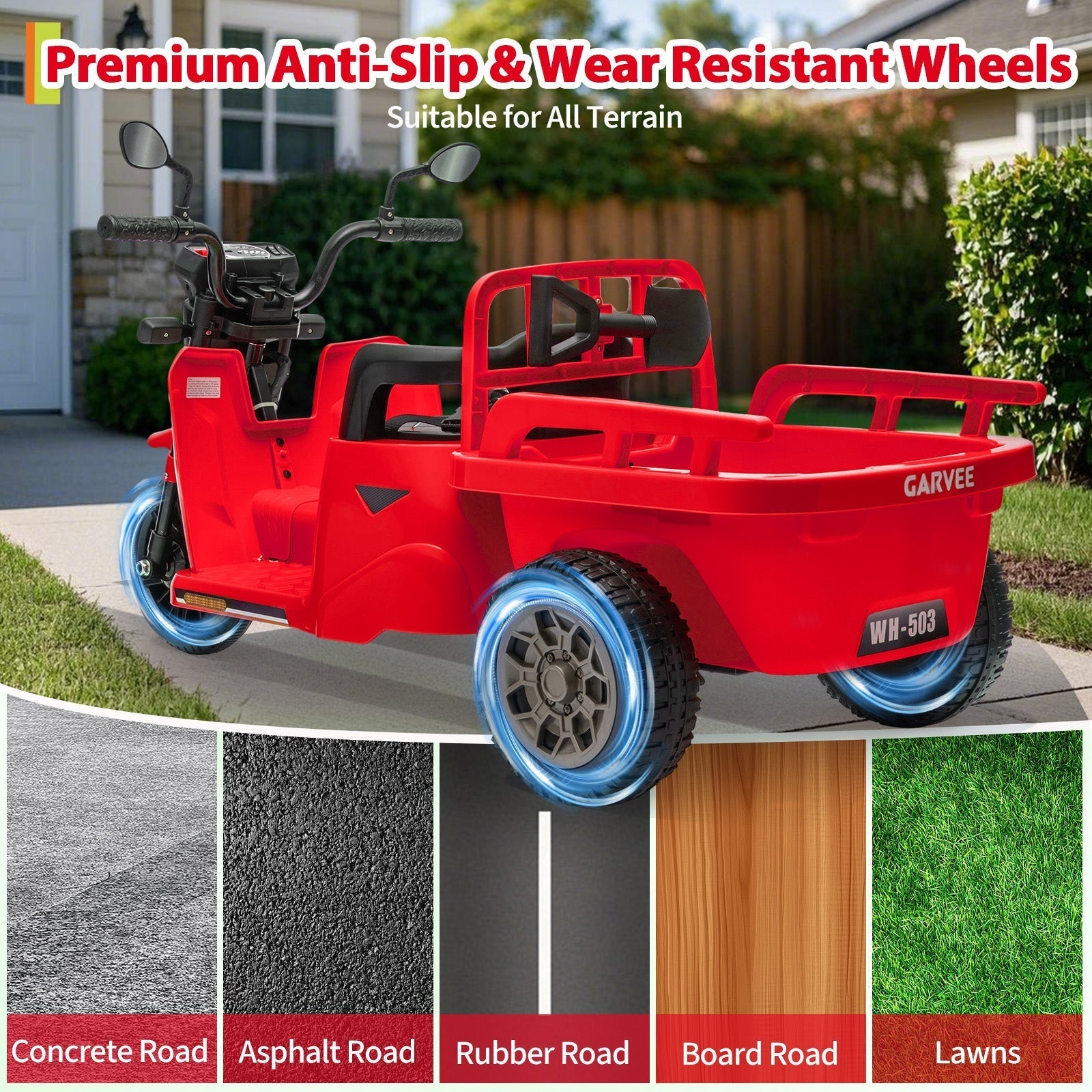 Garvee Ride P Series 3-Wheels Electric Tricycle w/Trailer, 12V Battery Powered Kids Motorcycle with Sand Shovel, 2x55W Motors, Bluetooth, Music, Headlight, Ride on Motorcycle for Kids Toddlers, Gift for Boys Girls, Red
