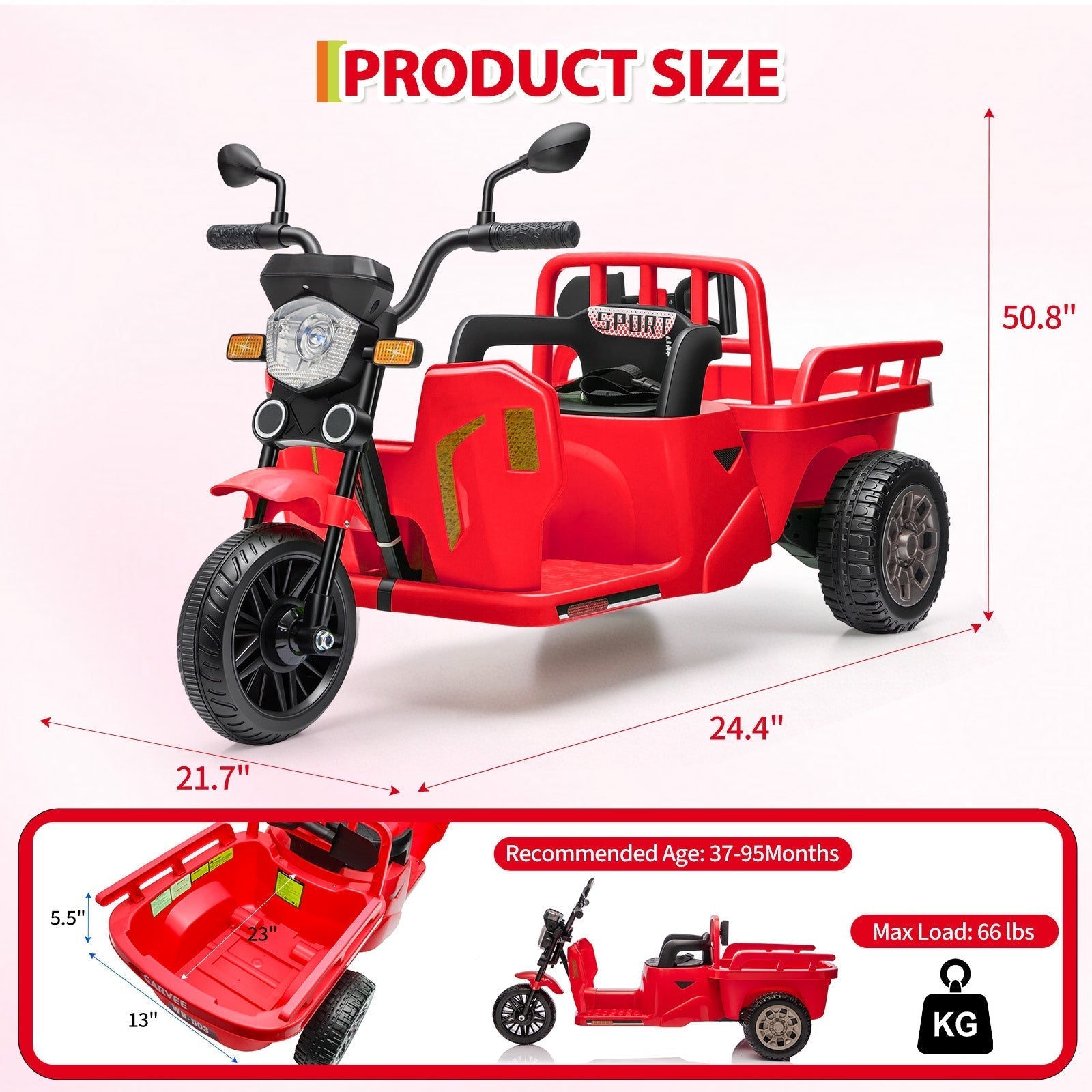 Garvee Ride P Series 3-Wheels Electric Tricycle w/Trailer, 12V Battery Powered Kids Motorcycle with Sand Shovel, 2x55W Motors, Bluetooth, Music, Headlight, Ride on Motorcycle for Kids Toddlers, Gift for Boys Girls, Red