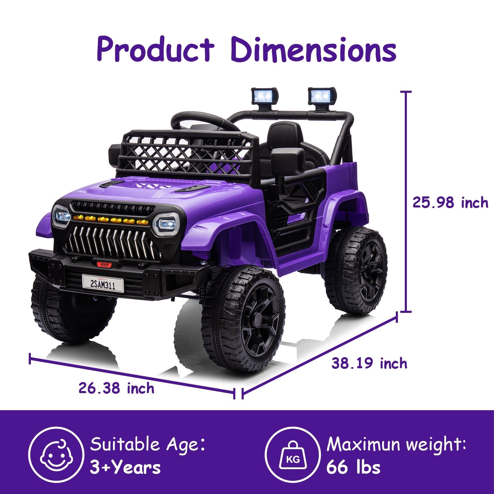 Garvee Ride - P Series: 12V Kids Ride On Truck for Toddles age 3+,with 2.4G Remote Control, Spring Suspension, Battery Display, LED Lights, Music, Battery Powered Ride on Car - Purple
