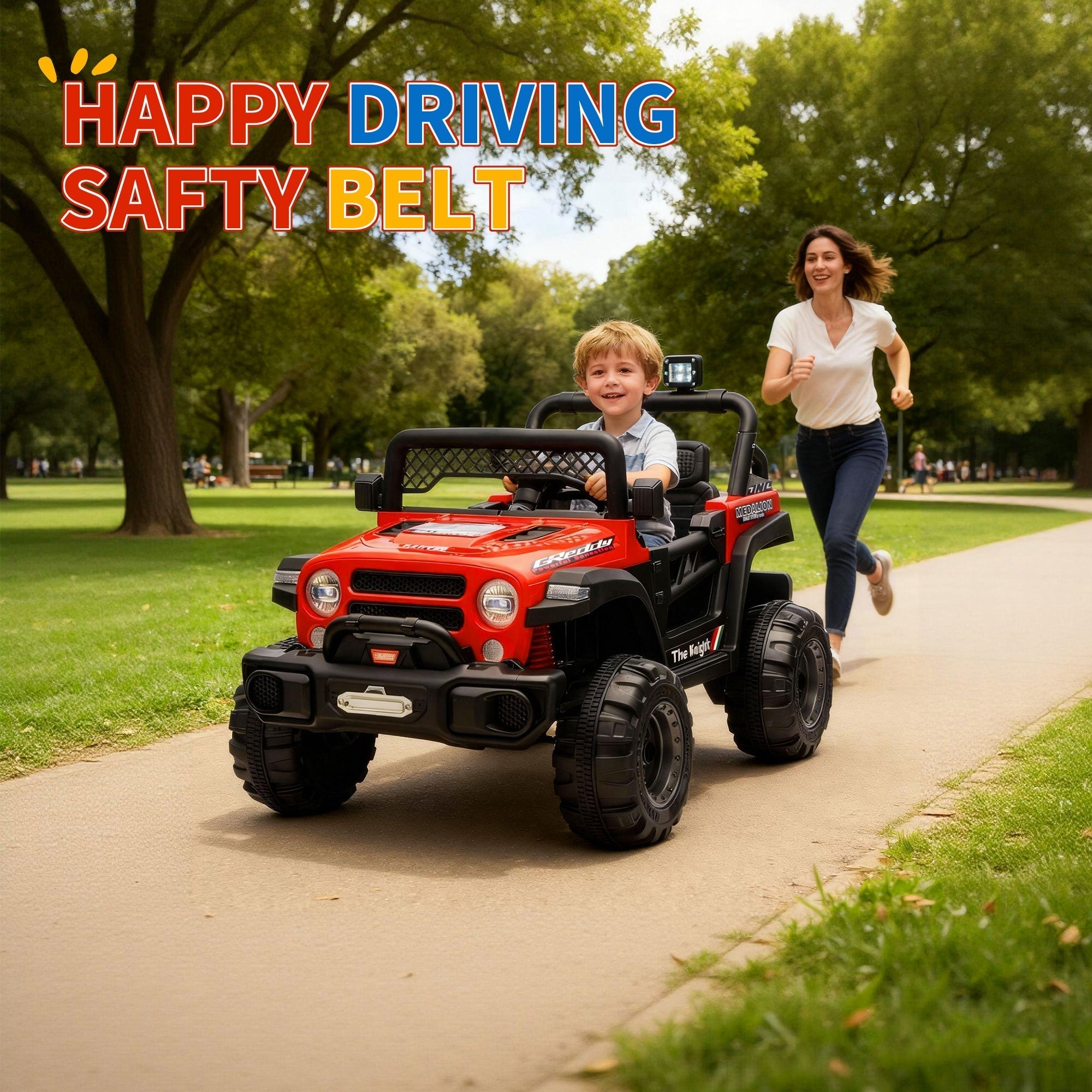 Garvee 12V Kids Electric Ride-On Truck – Dual Motors, 3 Speeds, Remote Control, Spring Suspension, LED Lights, Music, Safety Belt, Off-Road Car, Storage – Battery Powered Toy Vehicle for Boys & Girls Ages 2-8, Red