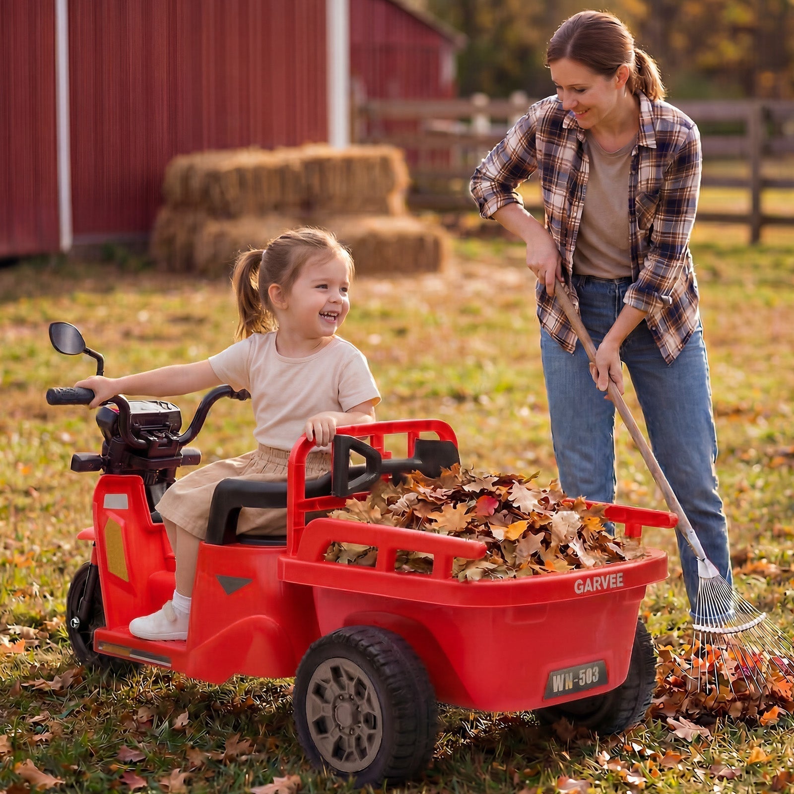 Garvee Ride P Series 3-Wheels Electric Tricycle w/Trailer, 12V Battery Powered Kids Motorcycle with Sand Shovel, 2x55W Motors, Bluetooth, Music, Headlight, Ride on Motorcycle for Kids Toddlers, Gift for Boys Girls, Red