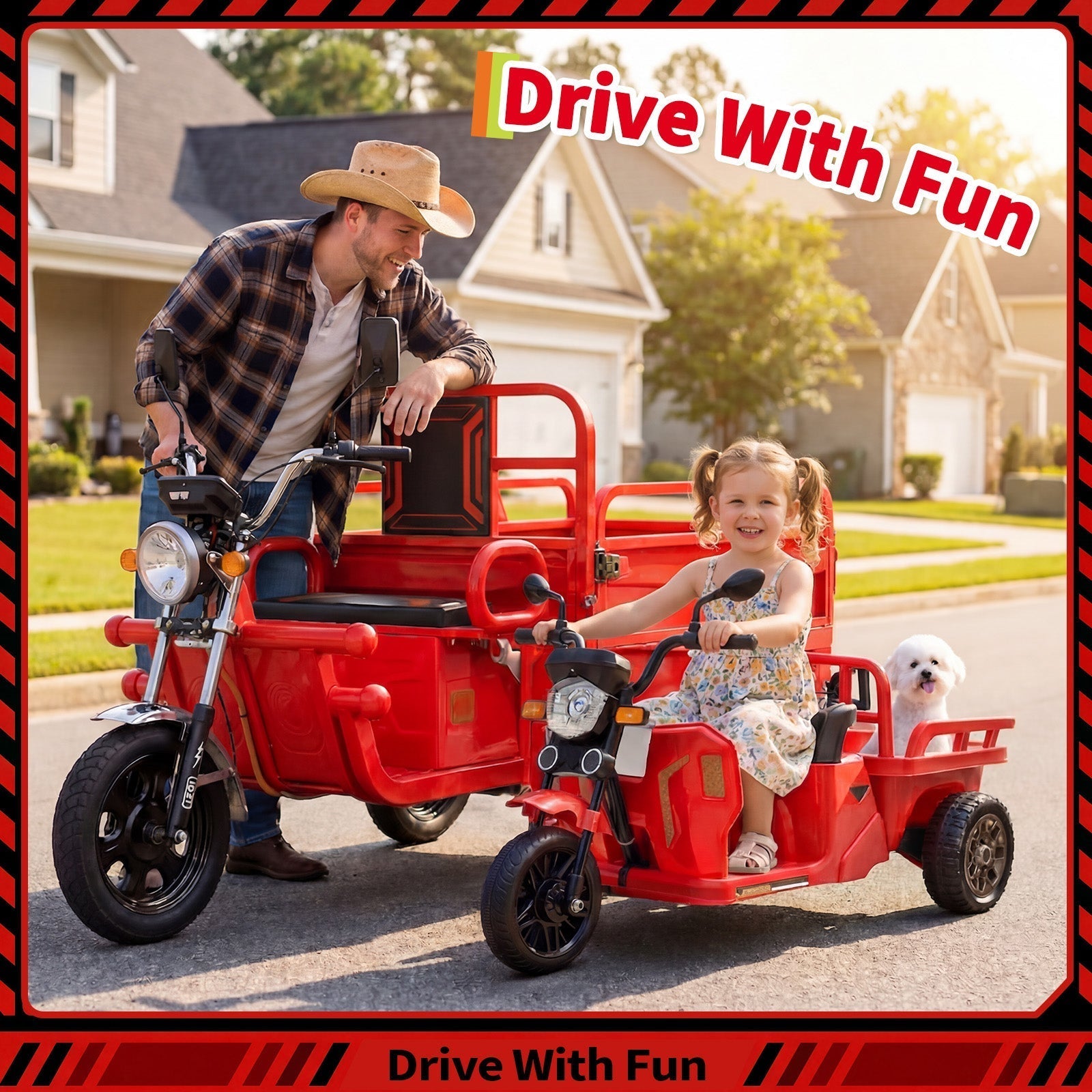 Garvee Ride P Series 3-Wheels Electric Tricycle w/Trailer, 12V Battery Powered Kids Motorcycle with Sand Shovel, 2x55W Motors, Bluetooth, Music, Headlight, Ride on Motorcycle for Kids Toddlers, Gift for Boys Girls, Red