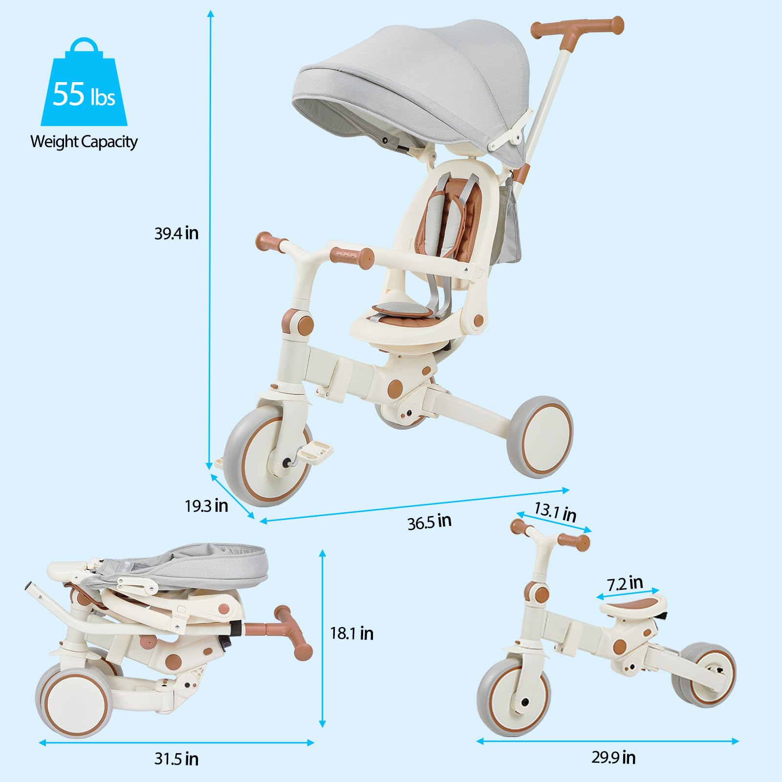 Garvee 7 in 1 Baby Tricycle, Foldable Toddler Tricycle with Removable and Adjustable Parent Handle, Toddler Push Bike with Removable Pedal, Canopy, and Guardrail, Tricycle for 12-72 Months(Brown)