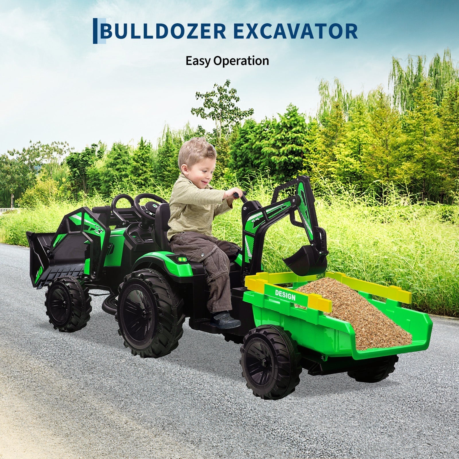 Garvee Ride P Series 3-in-1 Ride-On Tractor, 24V Electric, Excavator & Bulldozer, Remote Control, LED, Music, USB/Bluetooth max 66 lbs - Bright-green