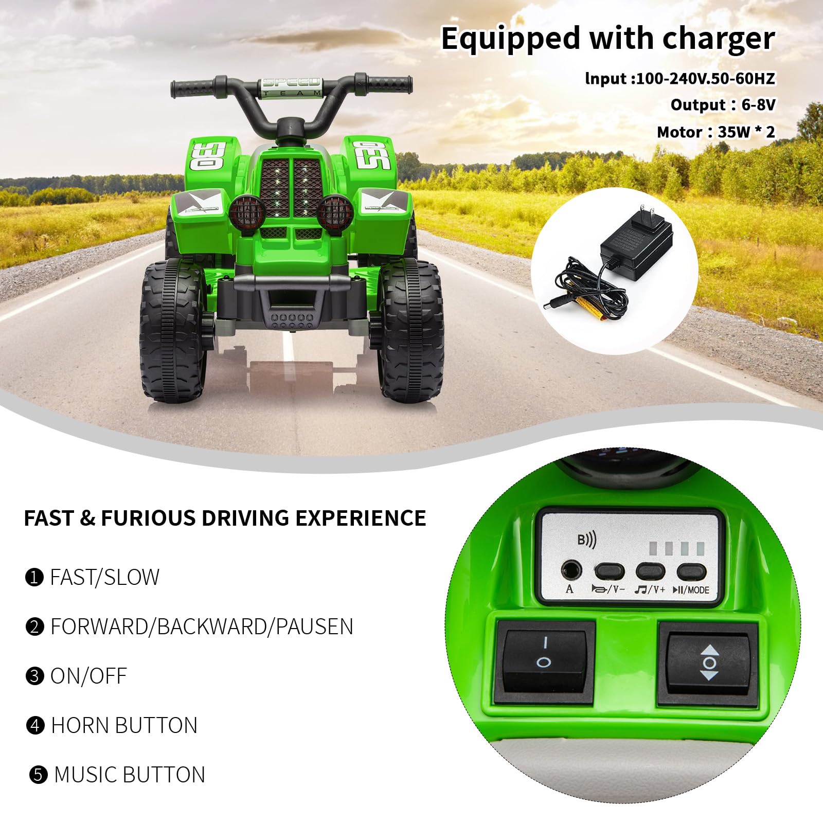 Garvee Ride - P Series: 6V Kids Ride On Electric Quad ATV, Ride Car with LED Headlights, Ride-On Toy for Toddlers 1-3 Boys & Girls with Music, Forward & Reverse - Green