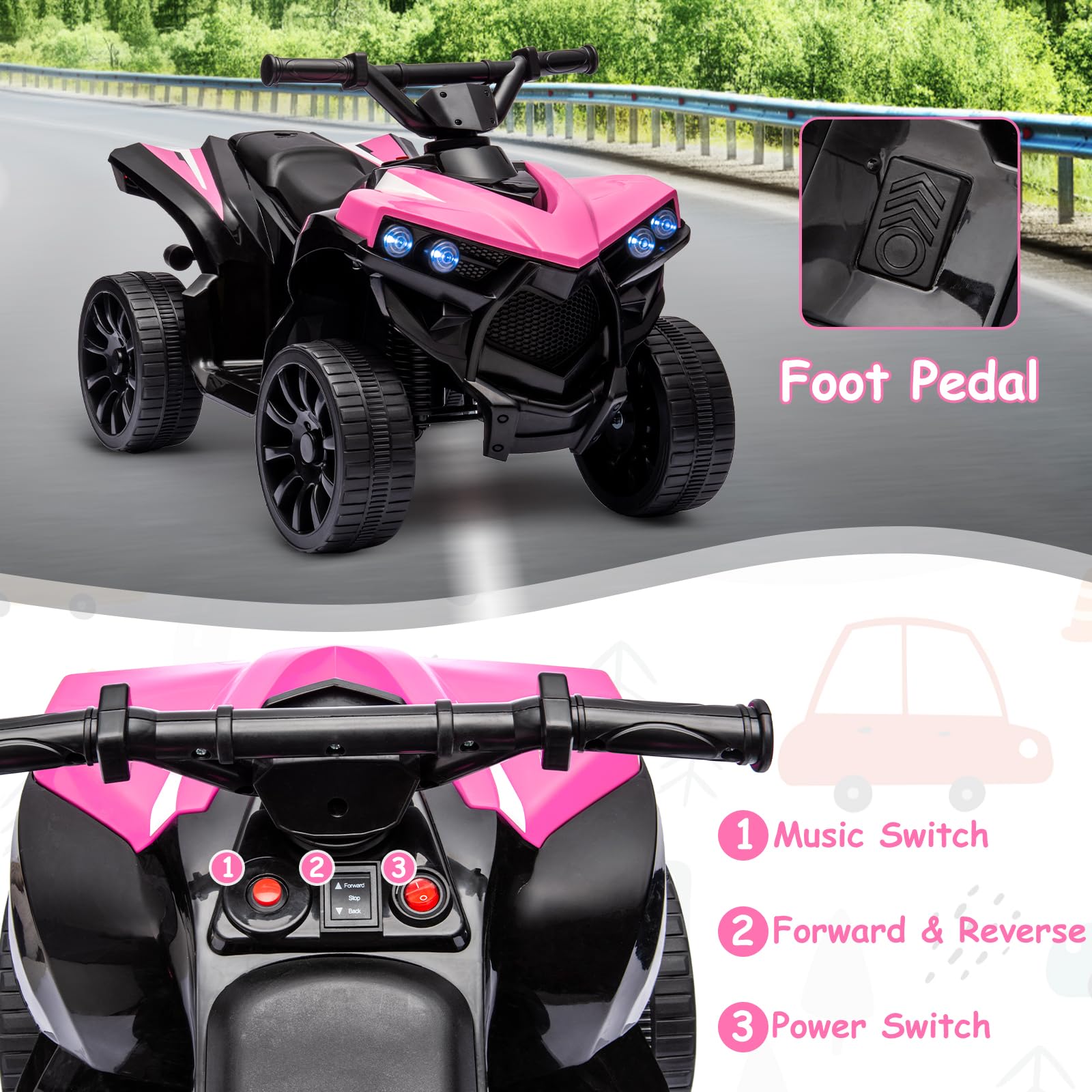 Garvee Ride - P Series: 6V Quad ATV for Kids Toddler 3+ years, Max 55lb Capacity ,With LED, Music, Foot Pedal, Wear-Resistant Wheels, 1.9 MPH - Pink