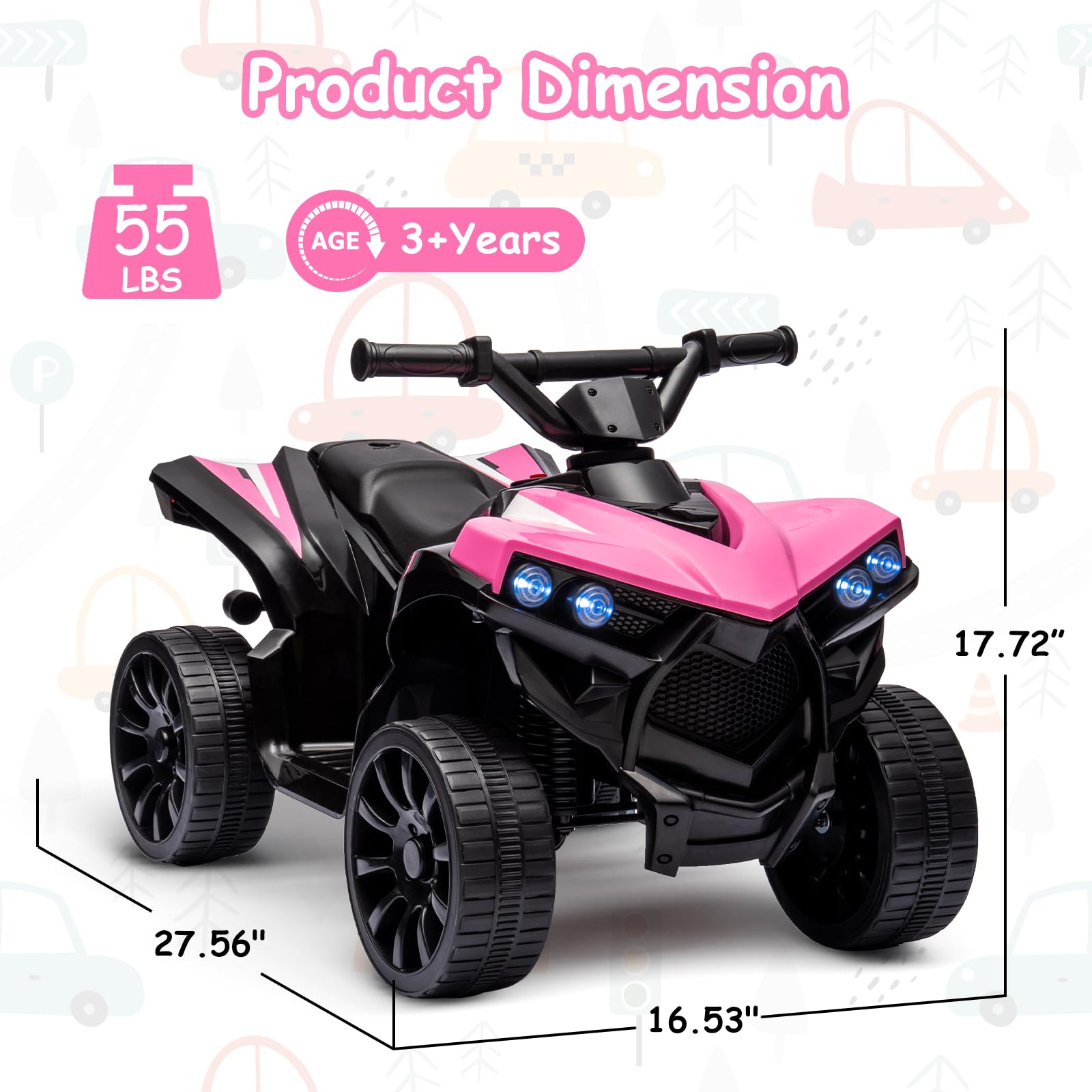 Garvee Ride - P Series: 6V Quad ATV for Kids Toddler 3+ years, Max 55lb Capacity ,With LED, Music, Foot Pedal, Wear-Resistant Wheels, 1.9 MPH - Pink