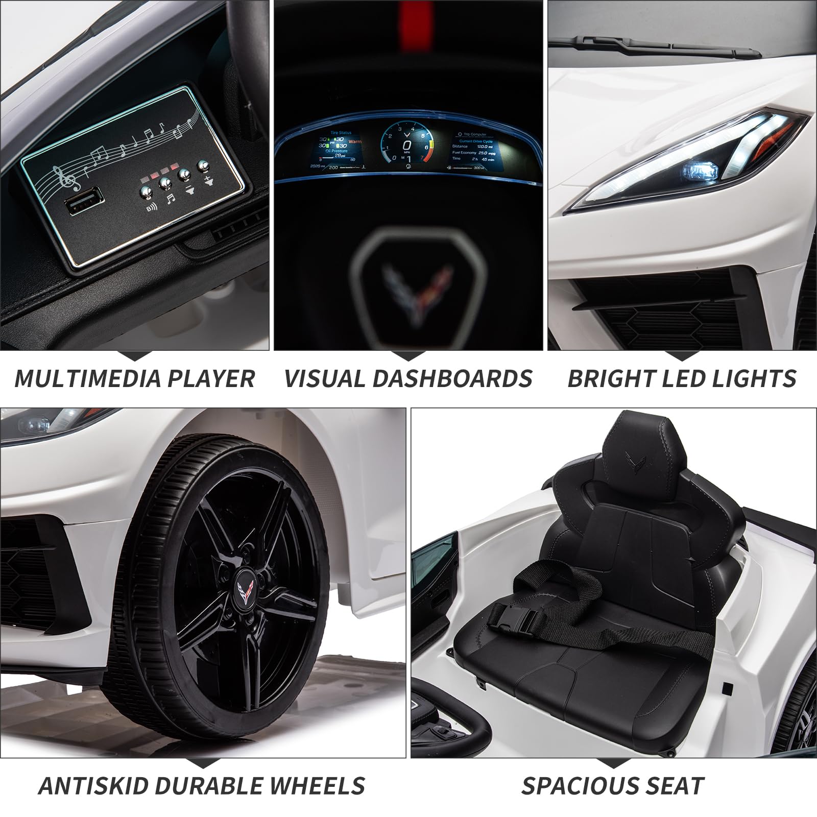 Garvee Ride - P Series: 12V Kids Ride on Car Licensed Corvette Battery Powered Car Toddles Electric Sports Car Toy with Remote Control, Visual Dashboard, LED Lights, Music, Gifts for Boys Girls, White
