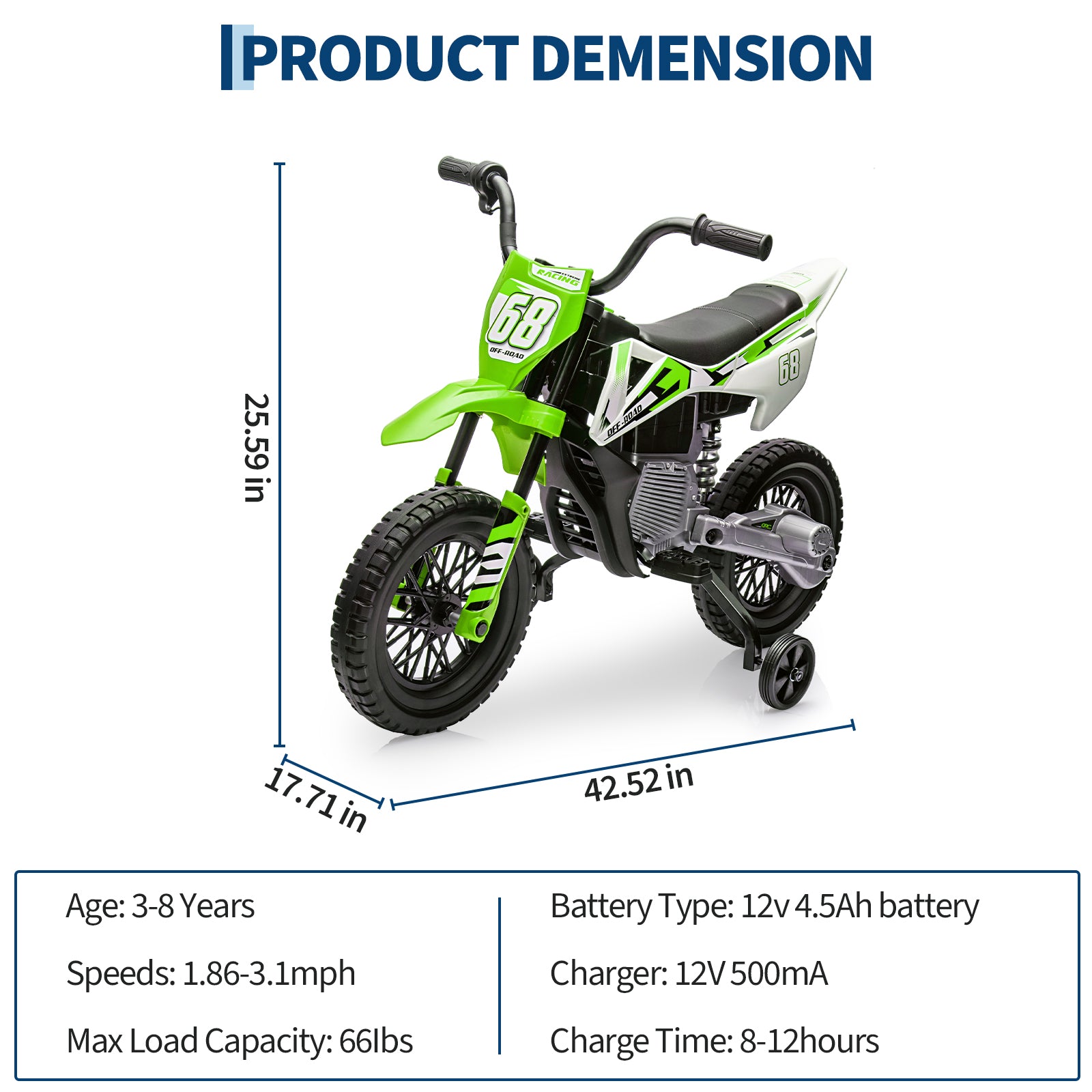 Garvee Ride - P Series: 12V Kids Electric Dirt Bike, 25W*2 Motor, Twist Grip Throttle, Spring Suspension, Training Wheels, Ride-On Toy - Green