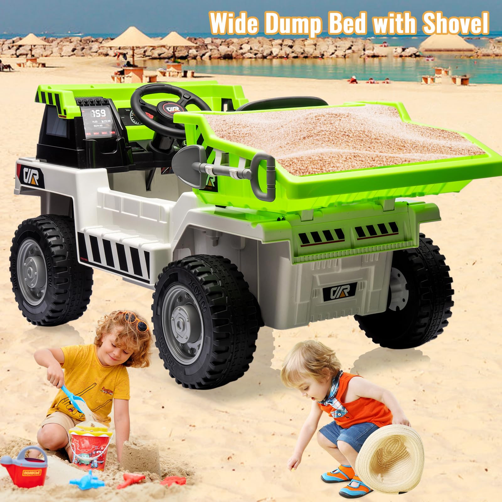 Garvee Ride - P Series: 4WD Ride On Car with Dump Truck, Electric Car for Kids with Remote Control, Toddler Car with Electric Dump Bed & Shovel, 2 Speeds,