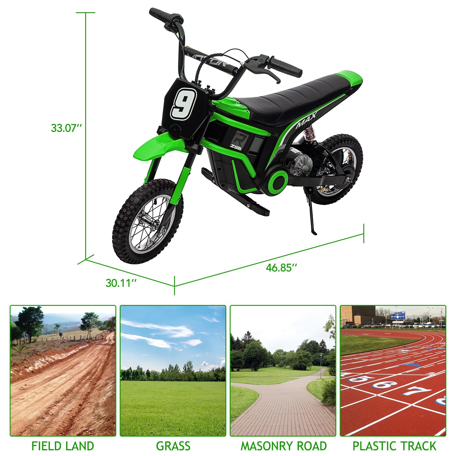 Garvee Ride - T Series: 24V-10A 350W Ride On Electric Dirt Bike For Kids Ages 13+, 14.29MPH, 3-Speed - Green-9