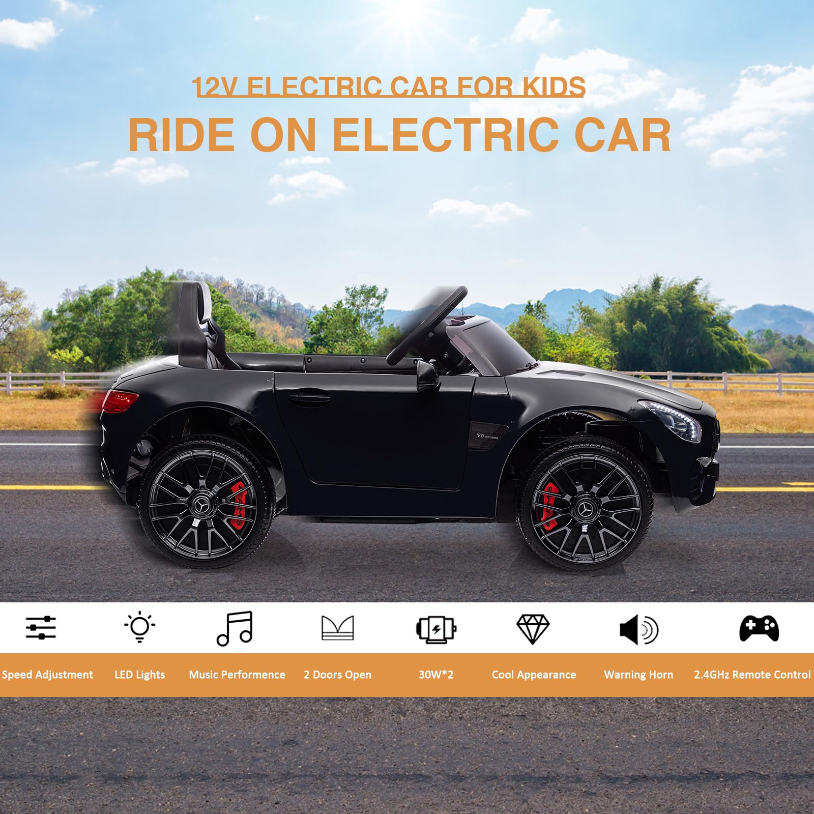 Garvee Ride Car for Kids, 12V Power Battery Electric Vehicles for 3-7 Toddlers, Licensed Mercedes-Benz with Remote Control, MP3 Player - Black