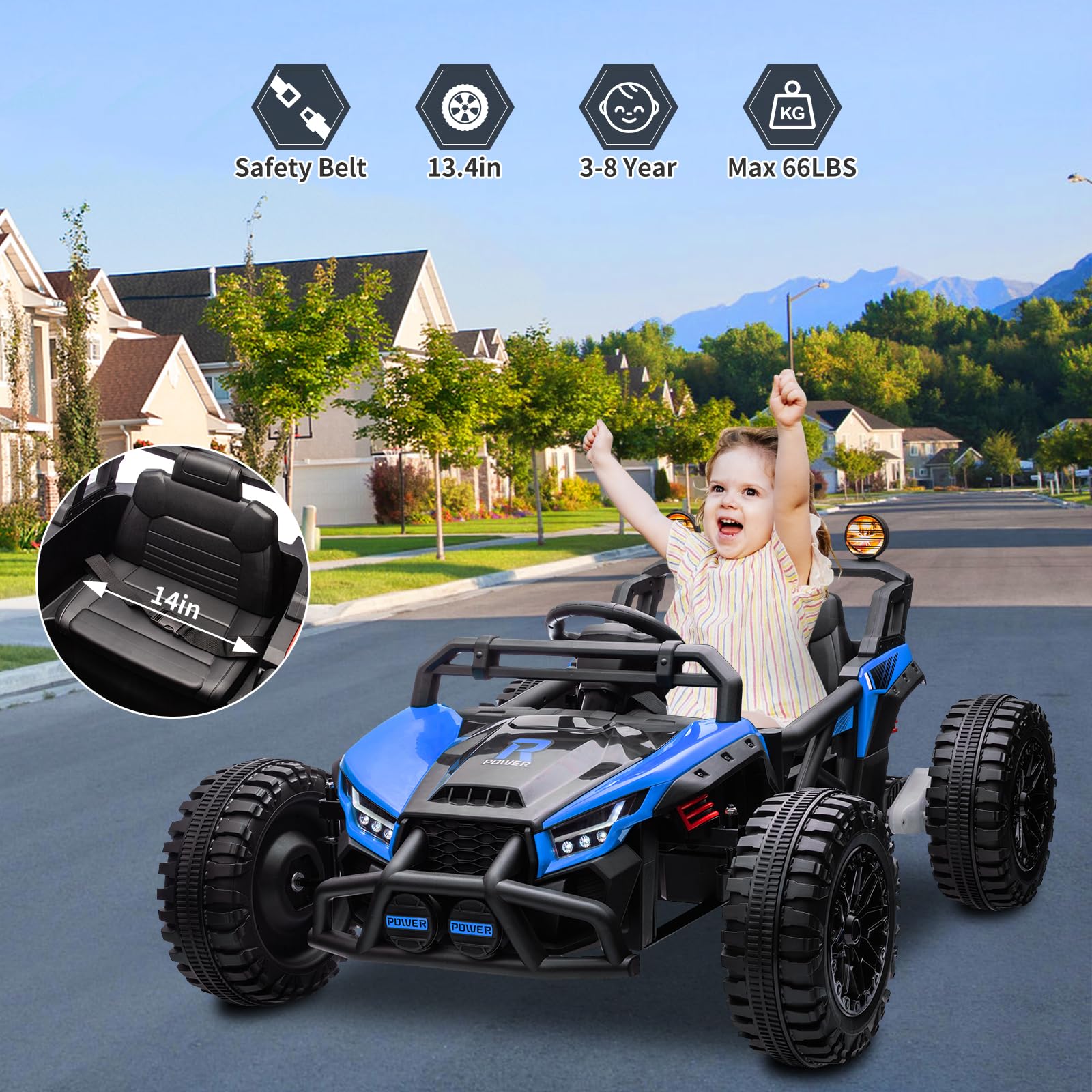 Garvee Ride - P Series: 24V Electric UTV,Ride On Toys for Big Kids,2x130W Powerful Electric Car with Remote Control, 4 Shock Absorbers,LED Lights,Music for Boys and Girls,Blue