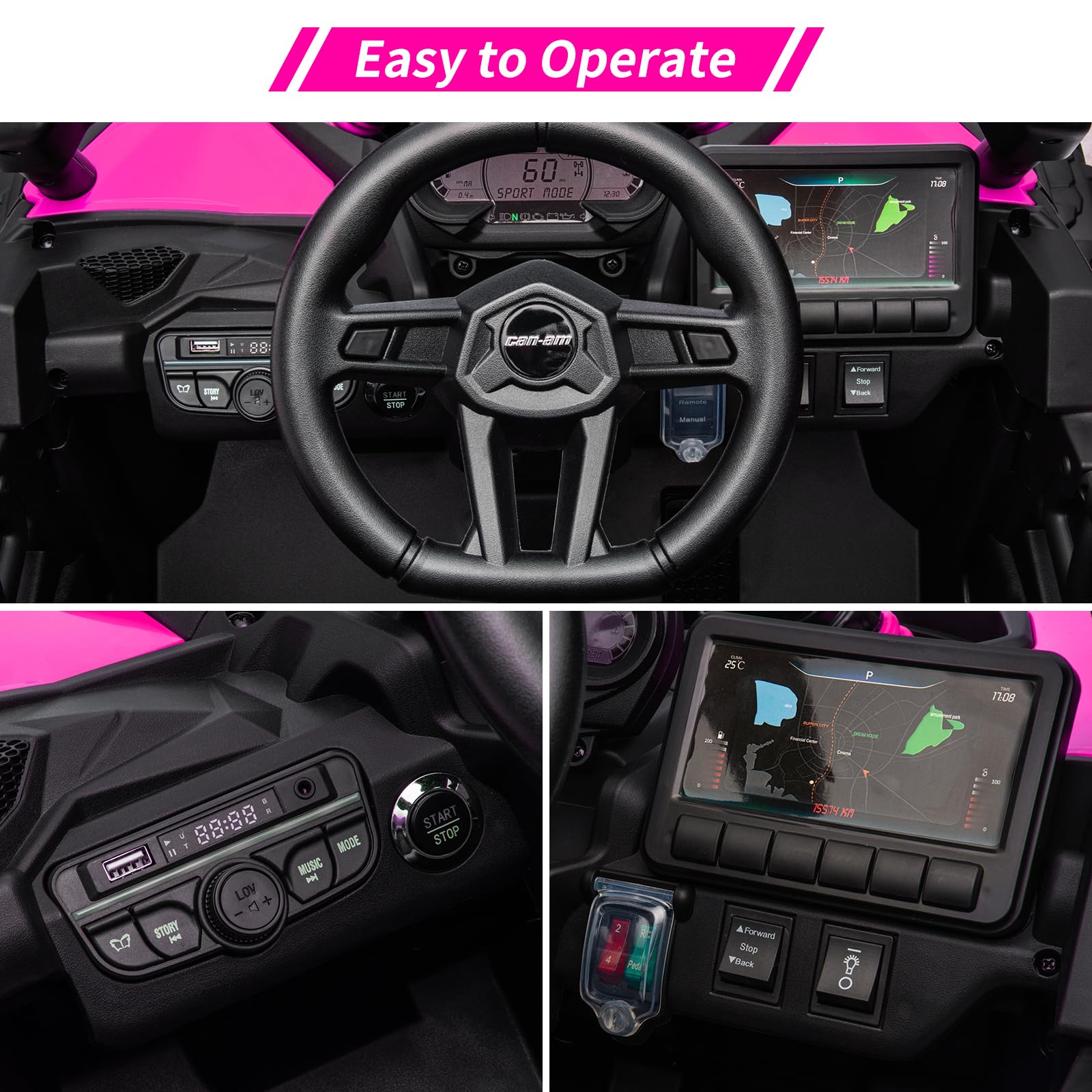 Garvee Ride - P Series: 12V Can-Am Ride-On UTV: Remote Control, Large Seat, Music, LED Lights, Spring Suspension, for Boys & Girls - Rose