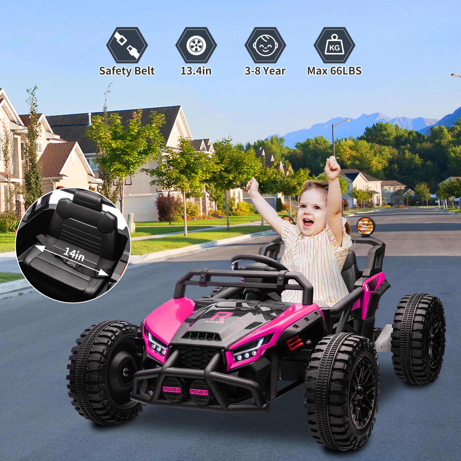 Garvee Ride - P Series: 24V Electric UTV,Ride On Toys for Big Kids,2x130W Powerful Electric Car with Remote Control, 4 Shock Absorbers,LED Lights,Music for Boys and Girls,Pink