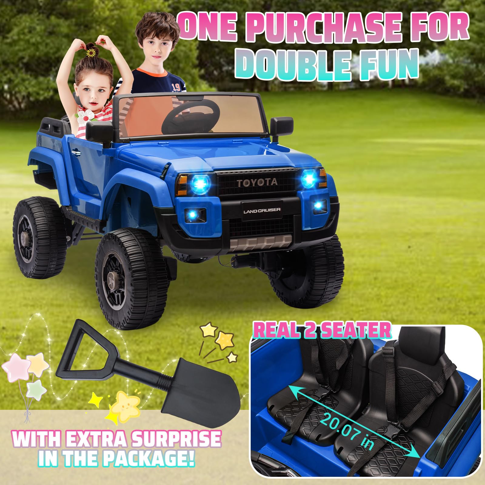 Garvee Ride P Series 24V 2 Seater Ride on Car, Garvee Licensed Toyota LC250 Ride on Toy for Big Kids with Remote Control, 4×100W Power 4 Wheels Ride on Truck with 4WD/2WD Switchable, Spring Suspension, Shovel, Music, Blue