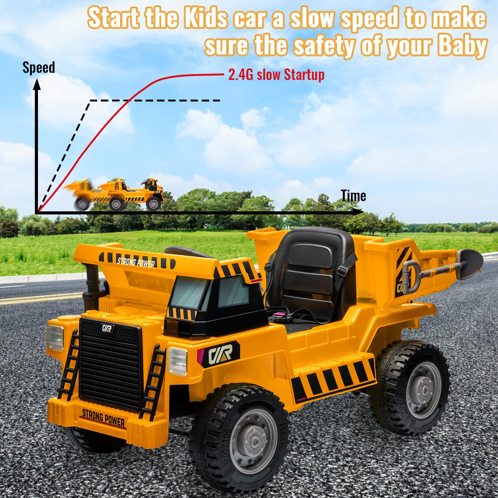 Garvee Ride - P Series: 12V with Electric Dump Bed, Remote Control, MP3, USB, Music Player, Yellow, Safe All-Terrain Tires