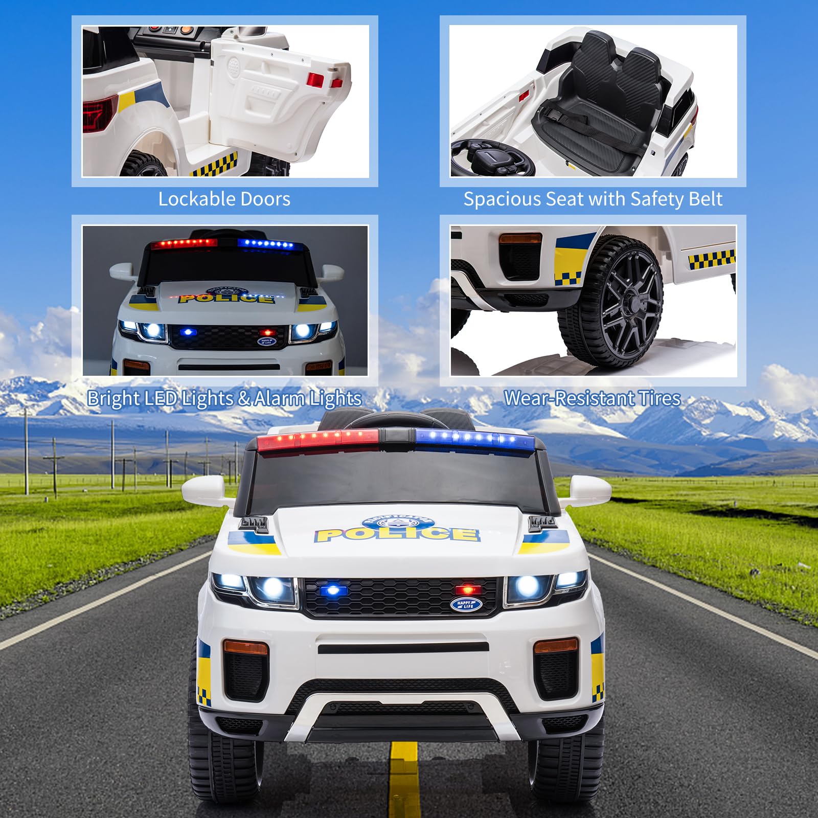 Garvee Ride - P Series: 12V Kids Ride On Police Car SUV Battery Operated Ride On Toy Toddlers Electric Cars with 2.4G Remote Control, LED Flashing Light, Megaphone, Spring Suspension, Handle, Music, White