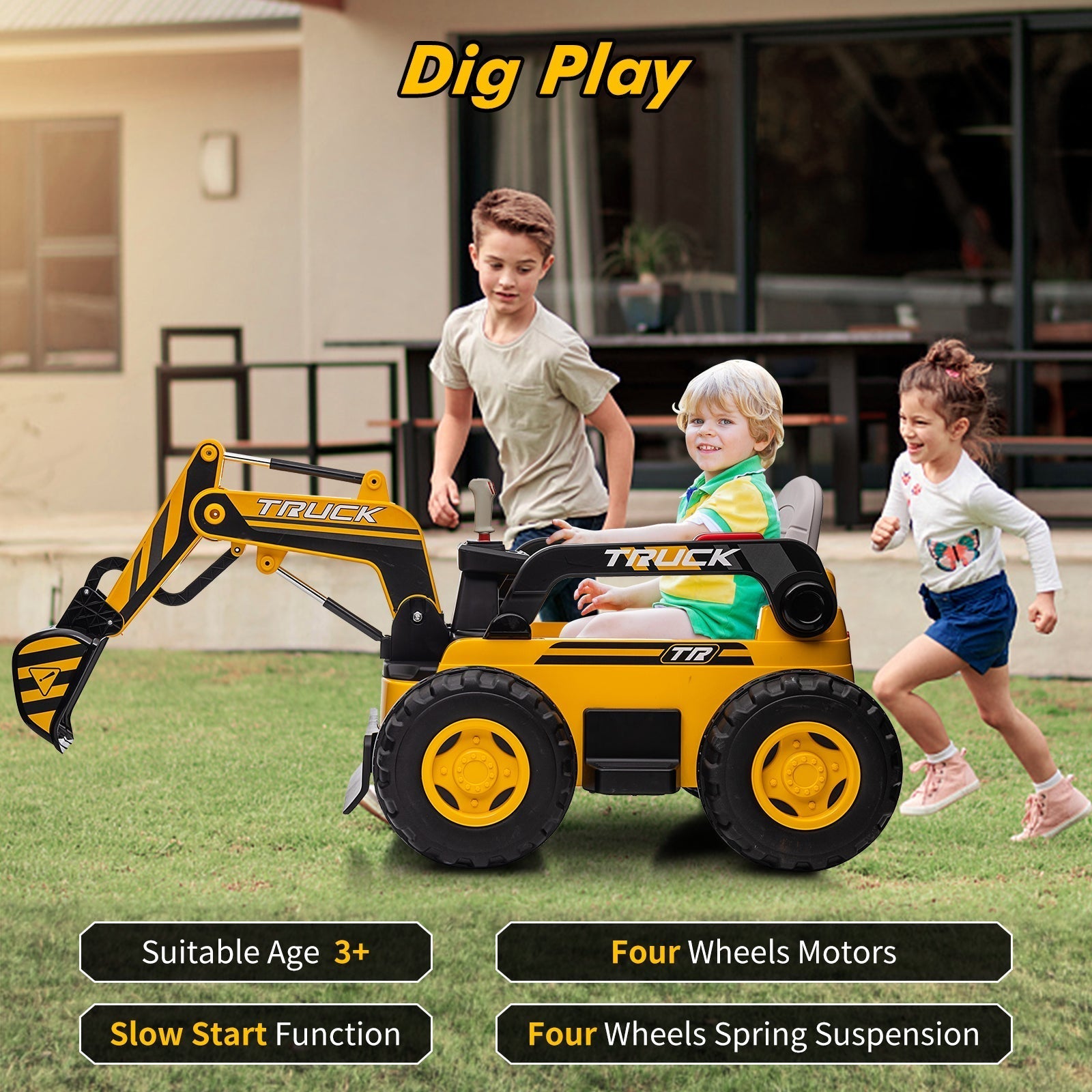 Garvee Ride - P Series: 12V Kids Ride On Excavator Digger Car with Remote Control & Electric Digging Arm with 2x35W Motors, 10Ah Large Battery, 4x75W Driving Motors,Led Tail Light, Music, USB, Ride Toy , Yellow
