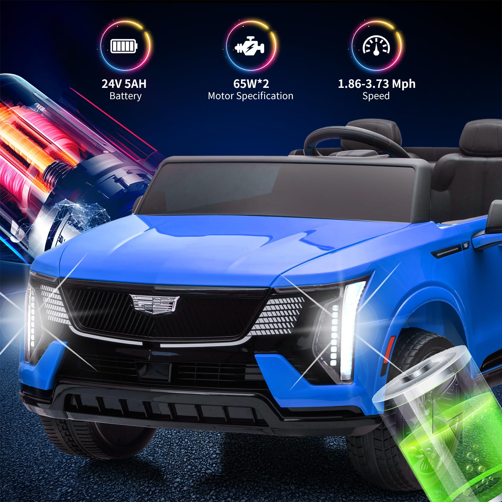 Garvee 2 Seater Ride On Car for Kids 24V Electric Cadillac with Remote Control, Full-Wheel Suspension, LED Lights, Music, Battery Powered, Blue, Outdoor Fun
