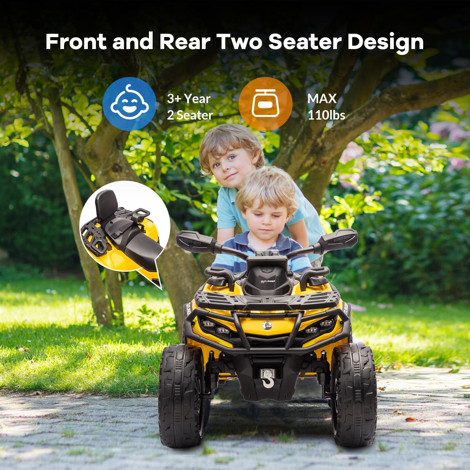 Garvee Ride - P Series: 2 Seater Ride On Car 24V 4WD Electric ATV, Leather Seats, Safety Belt, Bluetooth, Adjustable Speed, Yellow, Outdoor Adventure - Yellow
