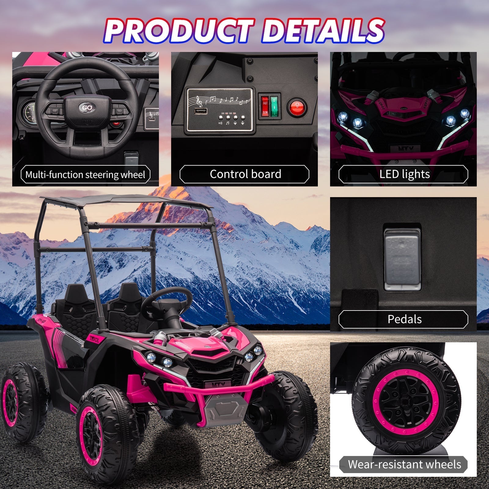 Garvee Ride - P Series: 24V Ride On Utv for Kids, 2 Seater Electric Truck With Sun Shade,4WD Electric Car Toy With Remote Control, Led Lights, 4 Shock Absorbersm,One Click Start, Music Player - Rose