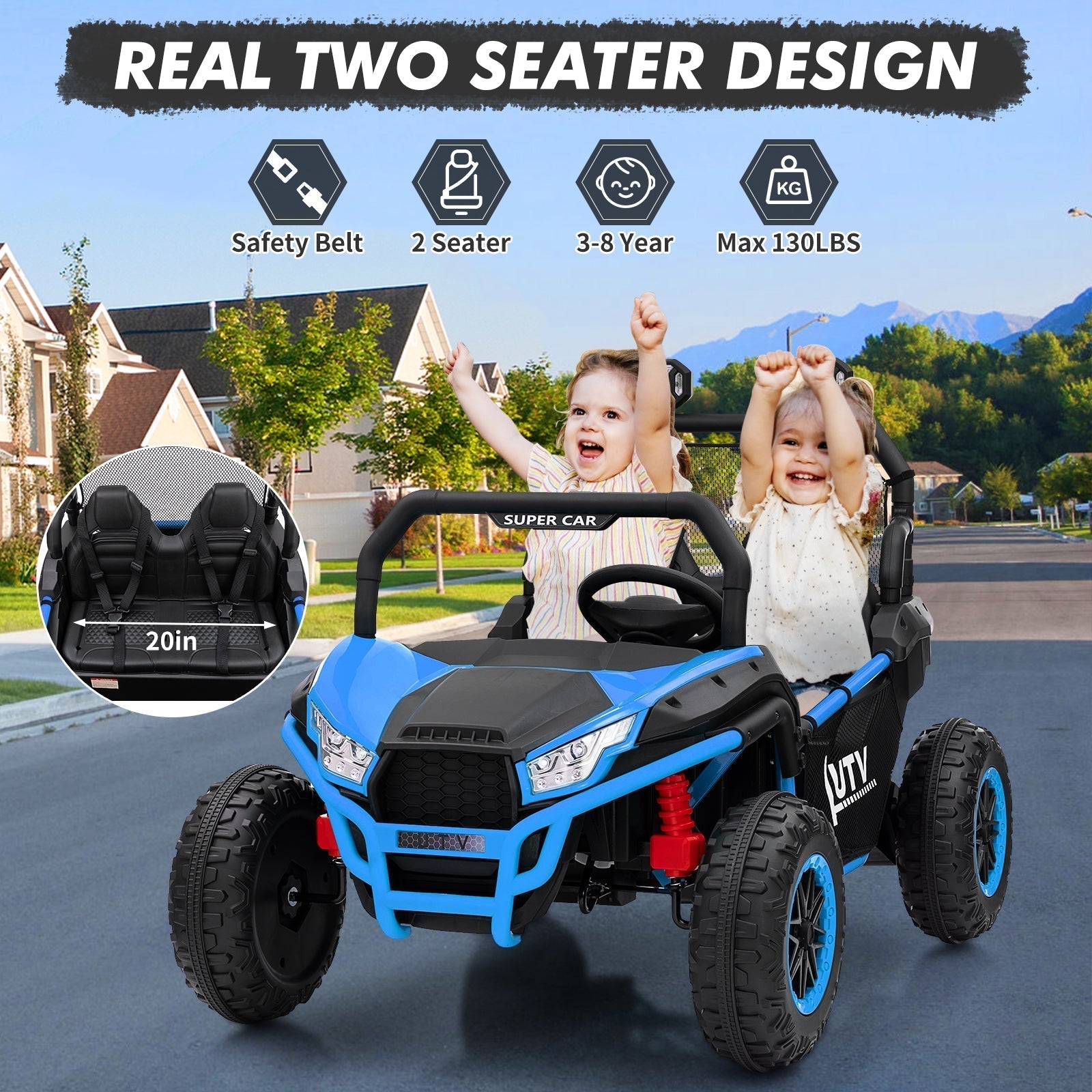 Garvee Ride - P Series: 2 Seater 24V Ride On Car,Electric Vehicle Utv Car for Kids,400W Motors Electric Truck With Remote,4.5MPH Max Speed,Four-Wheel Suspension,Music,Best Gift for Kids,Blue