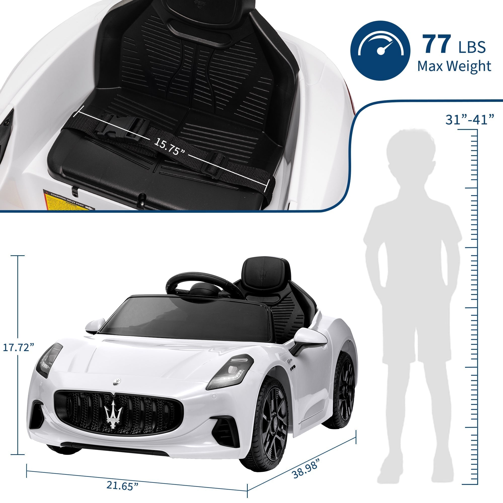 Garvee Ride - P Series: 12V Battery Powered Motorized Car for Kids with Remote Control, Spring Suspension, Double Doors, Bright Lights, 4 Wheel Electric Vehicle, White
