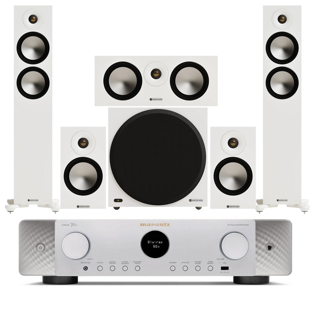 Marantz CINEMA 70s 7.2 Channel AV Receiver Silver with Monitor Audio Bronze 300 7G 5.1 Speaker Package White