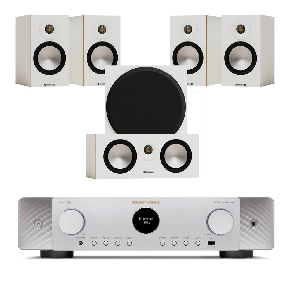 Marantz CINEMA 70s 7.2 Channel AV Receiver Silver with Monitor Audio Bronze 50 7G 5.1 Speaker Package White White