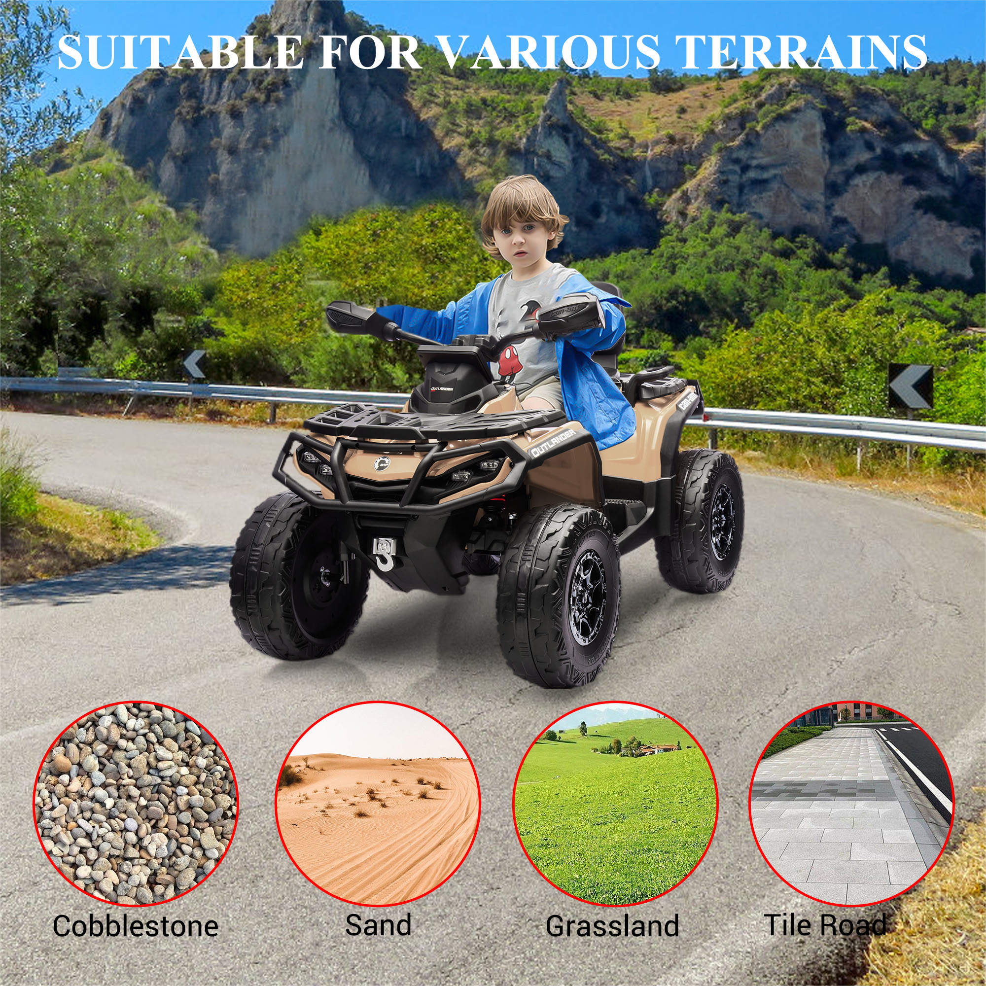 Garvee Ride - P Series: 2 Seater Ride On Car 24V 4WD Electric ATV, Leather Seats, Safety Belt, Bluetooth, Adjustable Speed, Yellow, Outdoor Adventure - Brown