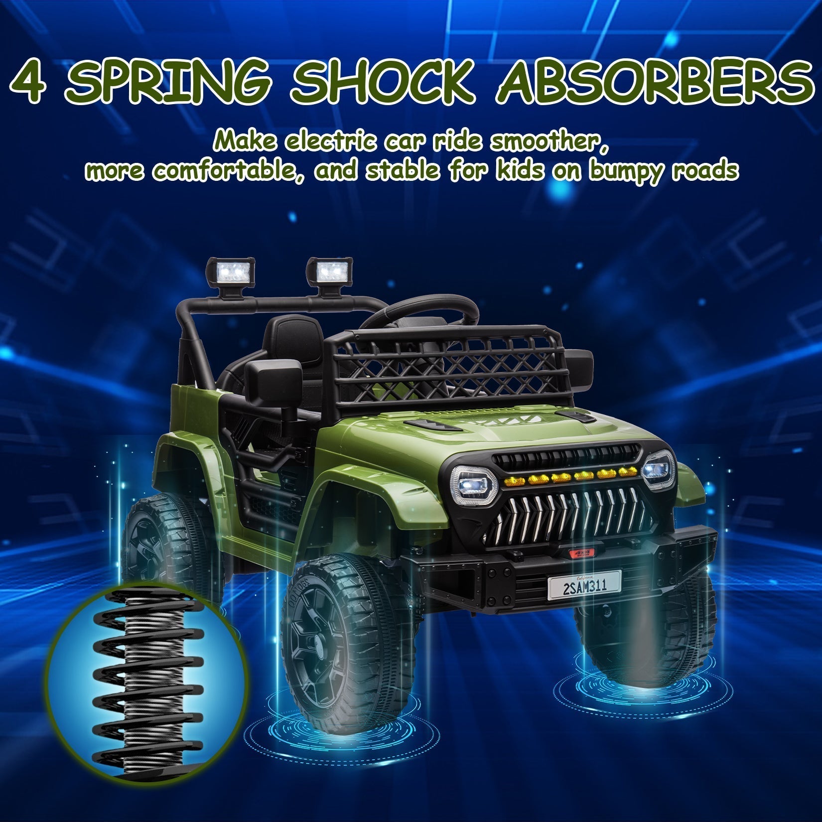 Garvee Ride - P Series: 12V Kids Ride On Truck for Toddles age 3+,with 2.4G Remote Control, Spring Suspension, Battery Display, LED Lights, Music, Battery Powered Ride on Car - Army Green