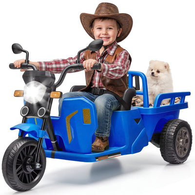 Garvee Ride P Series 3-Wheels Electric Tricycle w/Trailer, 12V Battery Powered Kids Motorcycle with Sand Shovel, 2x55W Motors, Bluetooth, Music, Headlight, Ride on Motorcycle for Kids Toddlers, Gift for Boys Girls, Dark Blue