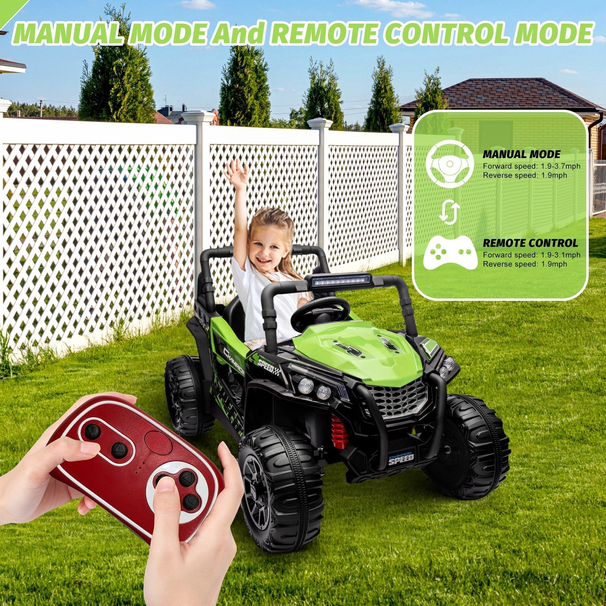 Garvee Ride - P Series: 12V Toy Electric Truck Utv with Large Wide Seat and Remote Control, Led Lights, Wireless Connection, Music, 2 Spring Suspension for 3-8 Boys & Girls
