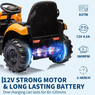 Garvee Ride - P Series: 4-in-1 Ride-On Tractor for Kids: Excavator, Bulldozer, Removable Tent, 12V Battery, Remote Control, Front Loader, Horn, EVA Tires - Yellow