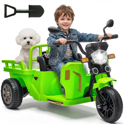 Garvee Ride P Series 3-Wheels Electric Tricycle w/Trailer, 12V Battery Powered Kids Motorcycle with Sand Shovel, 2x55W Motors, Bluetooth, Music, Headlight, Ride on Motorcycle for Kids Toddlers, Gift for Boys Girls, Green