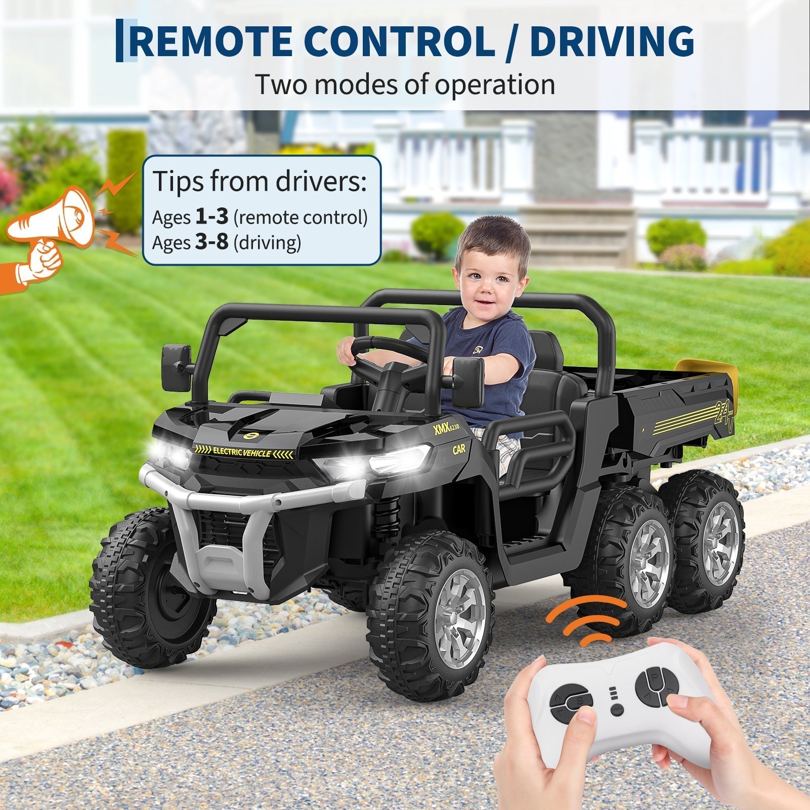 Garvee Ride - P Series: 2-Seater Ride on Car,6X6 24V Kids Ride On Dump Truck with Remote Control Electric Utility Vehicles UTV Battery Powered 6 Wheeler, for 3 years and up - Black