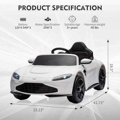 Garvee Ride - P Series: 12V Ride on Sports Car for Kids Licensed Aston Martin Battery Powered Car Toddles Ride on Toy with Remote Control, Horn, Soft Start, LED Lights, Music, USB, Electric Vehicle for Boys Girls (White)