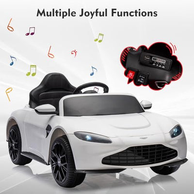 Garvee Ride - P Series: 12V Ride on Sports Car for Kids Licensed Aston Martin Battery Powered Car Toddles Ride on Toy with Remote Control, Horn, Soft Start, LED Lights, Music, USB, Electric Vehicle for Boys Girls (White)