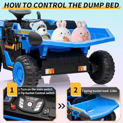 Garvee Ride - P Series: 24V Ride On Dump Truck,2 Seater Ride On Construction Vehicle with Remote Control, Electric Dump Bed and Extra Shovel,2WD/4WD Ride On Car Toy for Kids with Music Player,Up to 4.35Mph,Blue