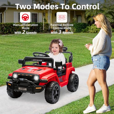 Garvee Ride - P Series: 12V Ride On Toy w/Parent Remote Control, Steering Wheel Music, 4-Wheel Spring Suspension, Led Lights, 2 Speeds, Kids Electric Vehicles for Age 3-5, Red