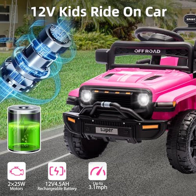 Garvee Ride - P Series: 12V Ride On Toy w/Parent Remote Control, Steering Wheel Music, 4-Wheel Spring Suspension, Led Lights, 2 Speeds, Kids Electric Vehicles for Age 3-5, Pink