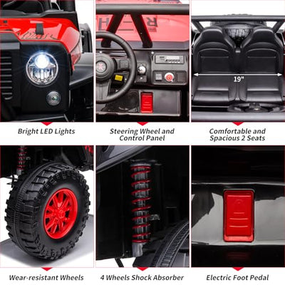 Garvee Ride - P Series: 2-Seater Ride On Truck for Kid, 24V Battery Powered Kids Car with Remote Control, 19" Extra Wide Seat, 2 Motors, Led Light, Enhanced Suspension - Red