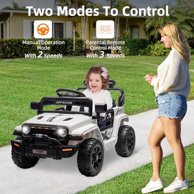 Garvee Ride - P Series: 12V Ride On Toy w/Parent Remote Control, Steering Wheel Music, 4-Wheel Spring Suspension, Led Lights, 2 Speeds, Kids Electric Vehicles for Age 3-5, White