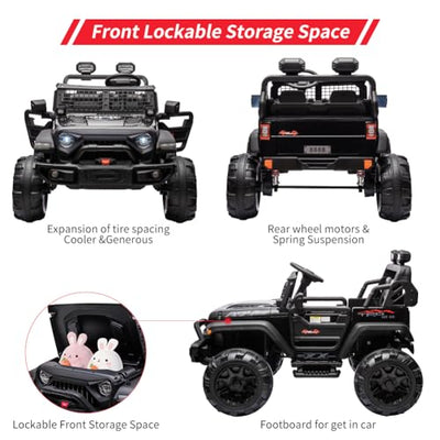 Garvee Ride - P Series: 2 Seaters Kids Ride On Truck With Remote Control,20“ Large Seat Ride On Car for Toddlers, 24V 9AH Electric Vehicle Car With Led Light,Large Storage Space, Bottle Holder,Music, Horn for 3-8 Years,Black