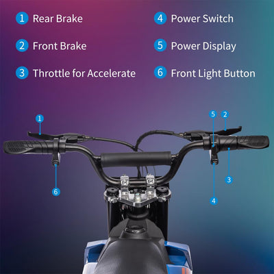 Garvee Ride - T Series: 36V Kids Electric Dirt Bike, 350W/15.5MPH Brushless Motor, LED, Comfortable Leather Seat, 175lbs Max Load Capacity-Blue