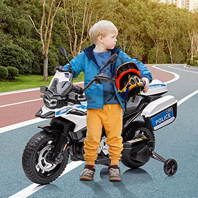 Garvee Ride P Series 12V BMW Police Motorcycle for Kids: 2 Speeds, LED Headlights, Spring Suspension, MP3, Music, Training Wheels, for Boys and Girls - White