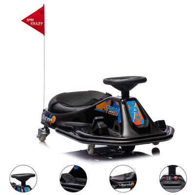 Garvee Ride - P Series: 360 Degrees Rotating Ride On Drift Car,Electric Drifting Go Kart,24V Ride On Race Car,Variable Speed for Kids,Simplified Drift System,Flashing Lights, Flag, Music - Black