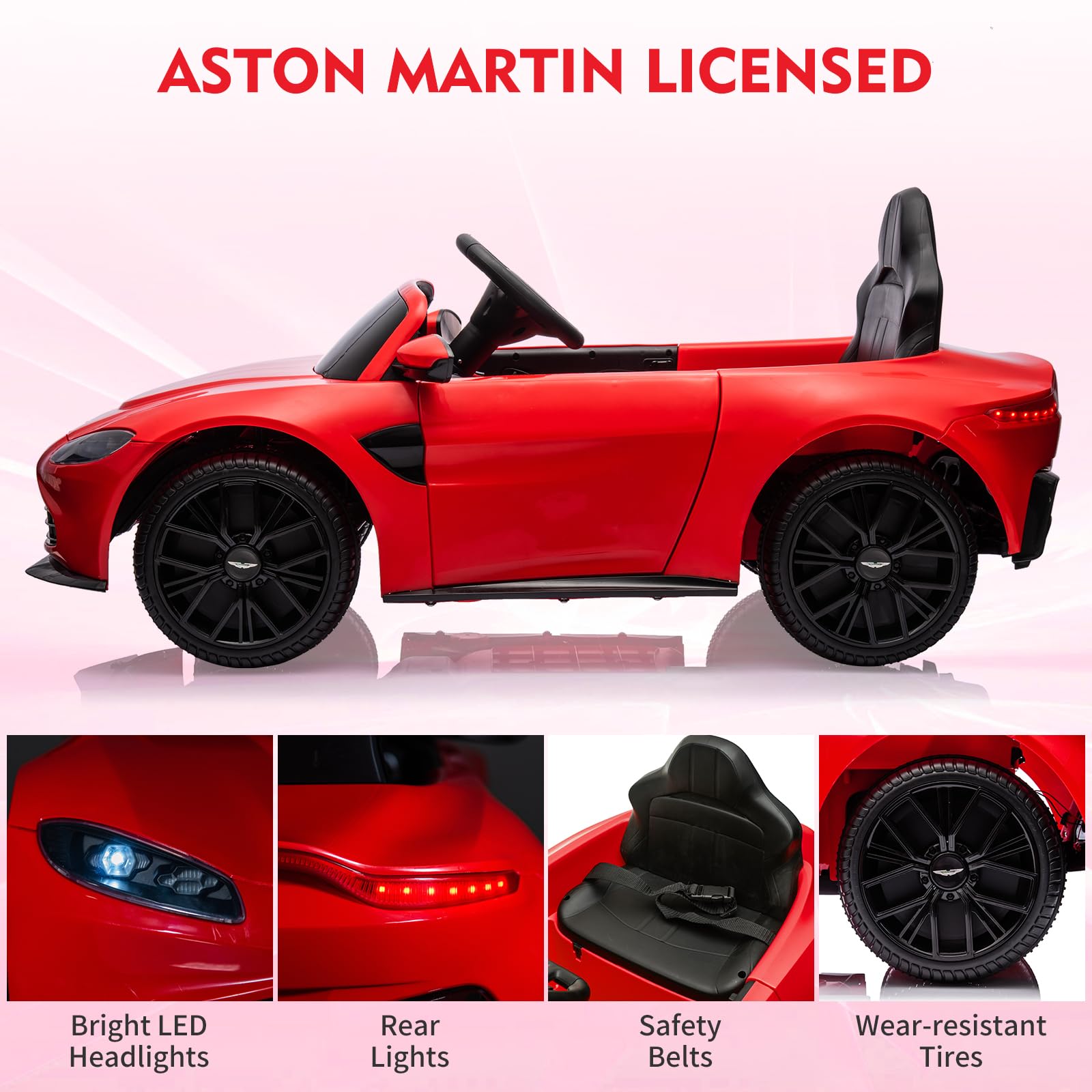 Garvee Ride - P Series: 12V Ride on Sports Car for Kids Licensed Aston Martin Battery Powered Car Toddles Ride on Toy with Remote Control, Horn, Soft Start, LED Lights, Music, USB, Electric Vehicle for Boys Girls (Red)